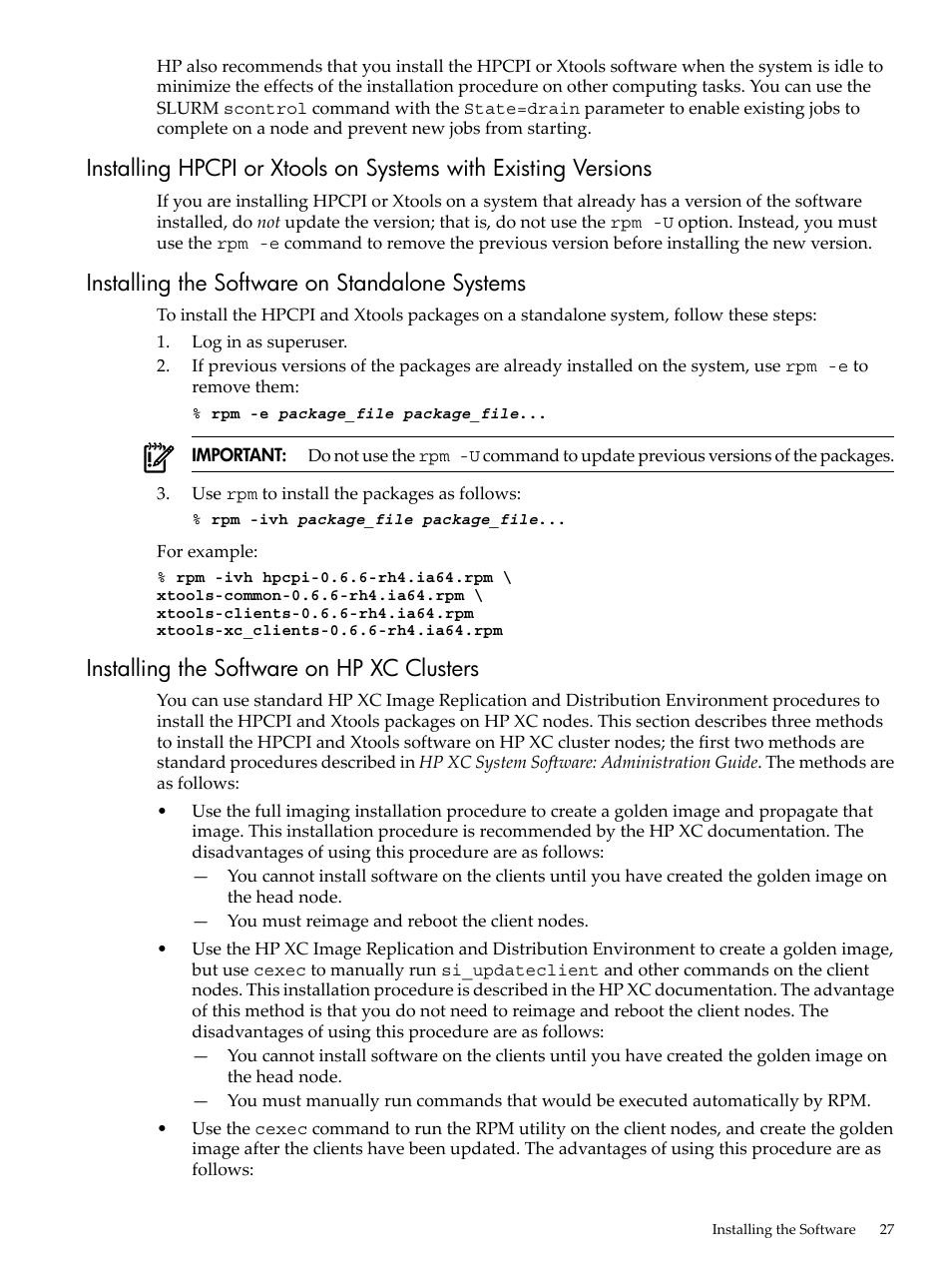 Installing the software on standalone systems, Installing the software on hp xc clusters | HP XC System 3.x Software User Manual | Page 27 / 131