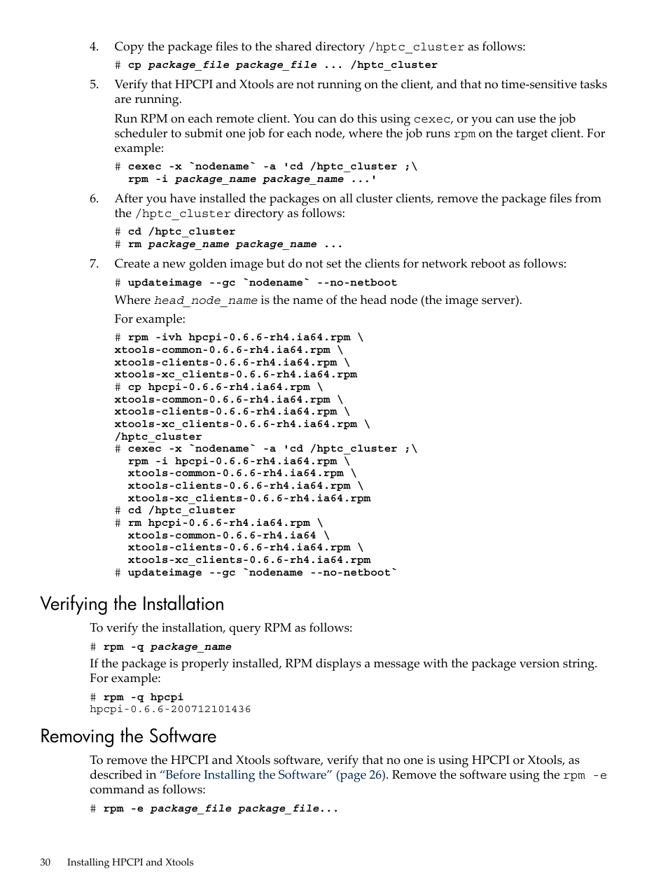 Verifying the installation, Removing the software, Verifying the installation removing the software | HP XC System 3.x Software User Manual | Page 30 / 131