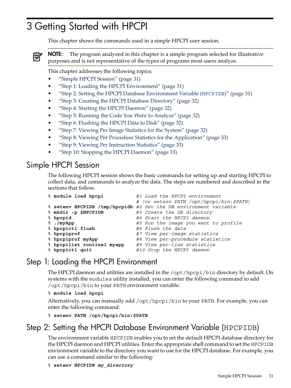 3 getting started with hpcpi, Simple hpcpi session, Step 1: loading the hpcpi environment | Chapter 3: “getting started with hpcpi | HP XC System 3.x Software User Manual | Page 31 / 131