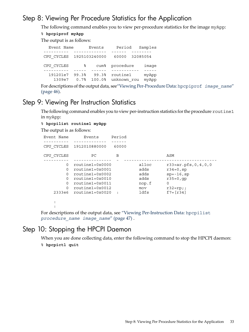 Step 9: viewing per instruction statistics, Step 10: stopping the hpcpi daemon | HP XC System 3.x Software User Manual | Page 33 / 131