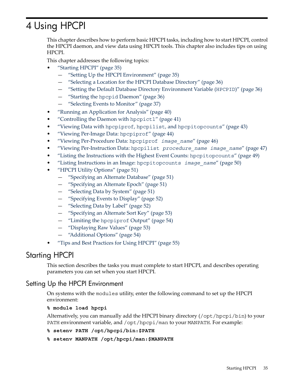 4 using hpcpi, Starting hpcpi, Setting up the hpcpi environment | Chapter 4: “using hpcpi | HP XC System 3.x Software User Manual | Page 35 / 131