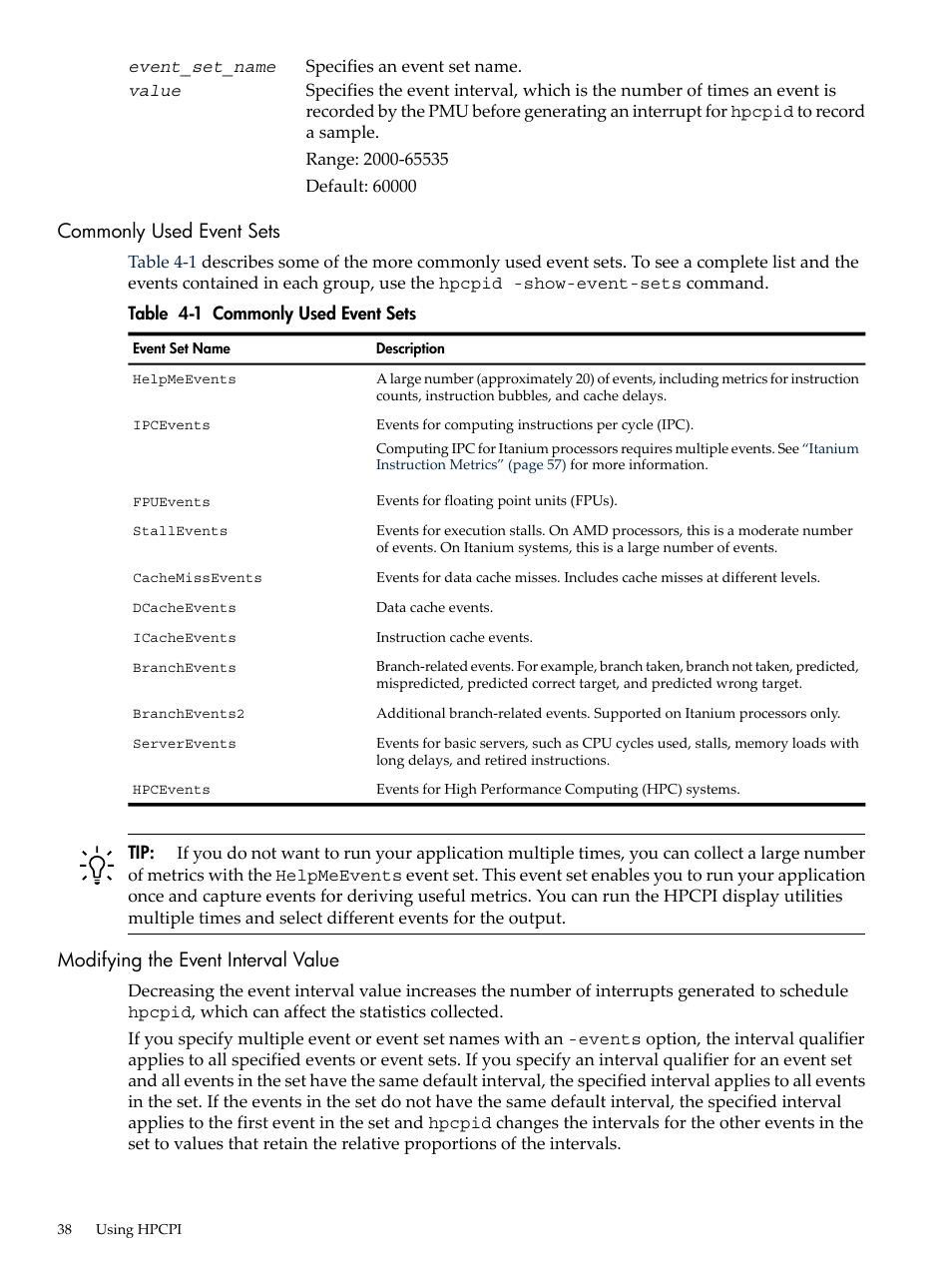 Commonly used event sets, Modifying the event interval value | HP XC System 3.x Software User Manual | Page 38 / 131