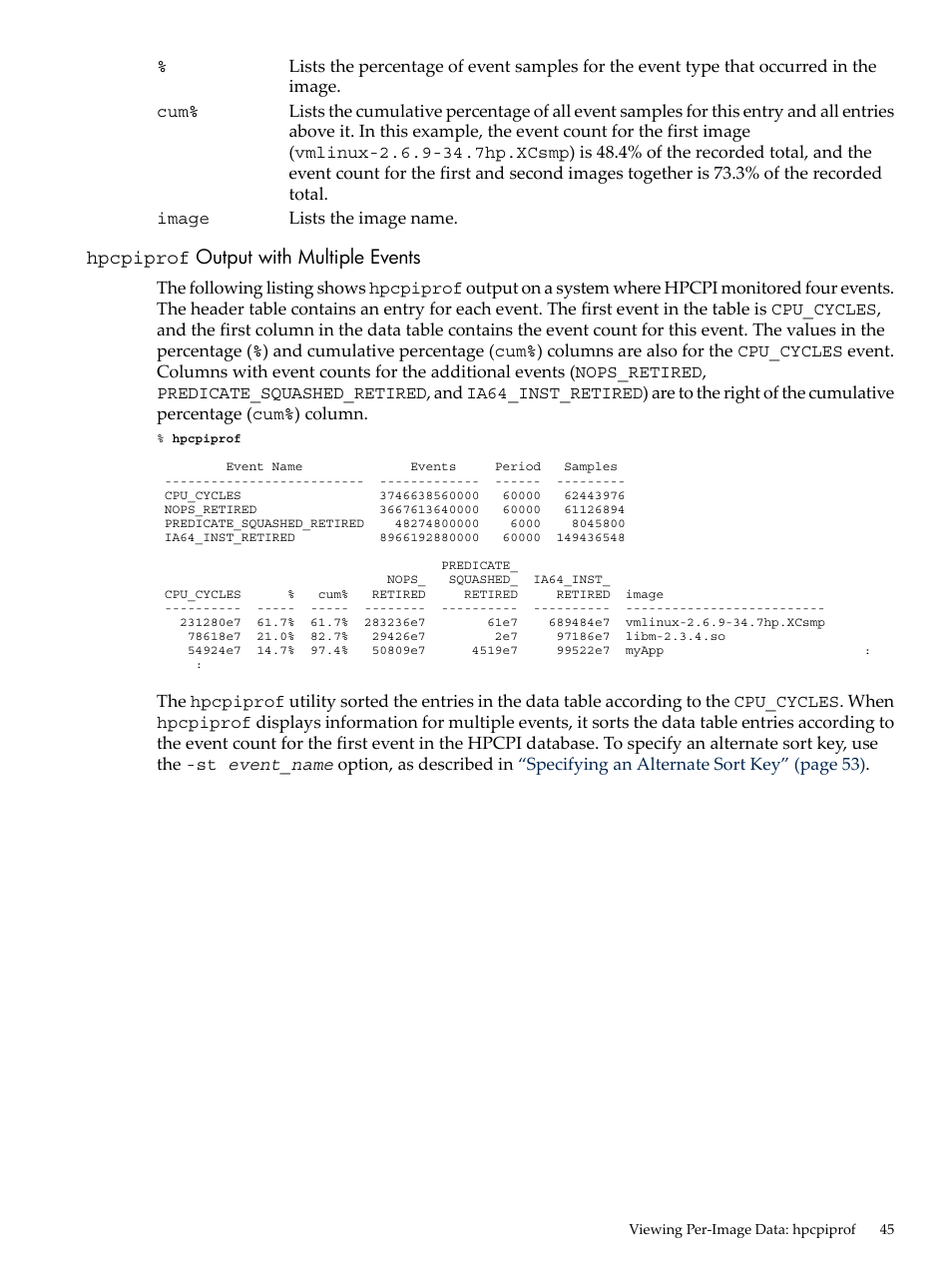 Hpcpiprof output with multiple events, Hpcpiprof, Output with multiple events | HP XC System 3.x Software User Manual | Page 45 / 131