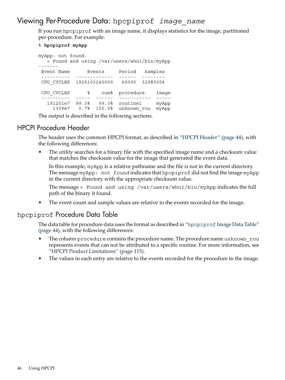 Viewing per-procedure data: hpcpiprof image_name, Hpcpi procedure header, Hpcpiprof procedure data table | Hpcpi procedure header hpcpiprof, Procedure data table | HP XC System 3.x Software User Manual | Page 46 / 131