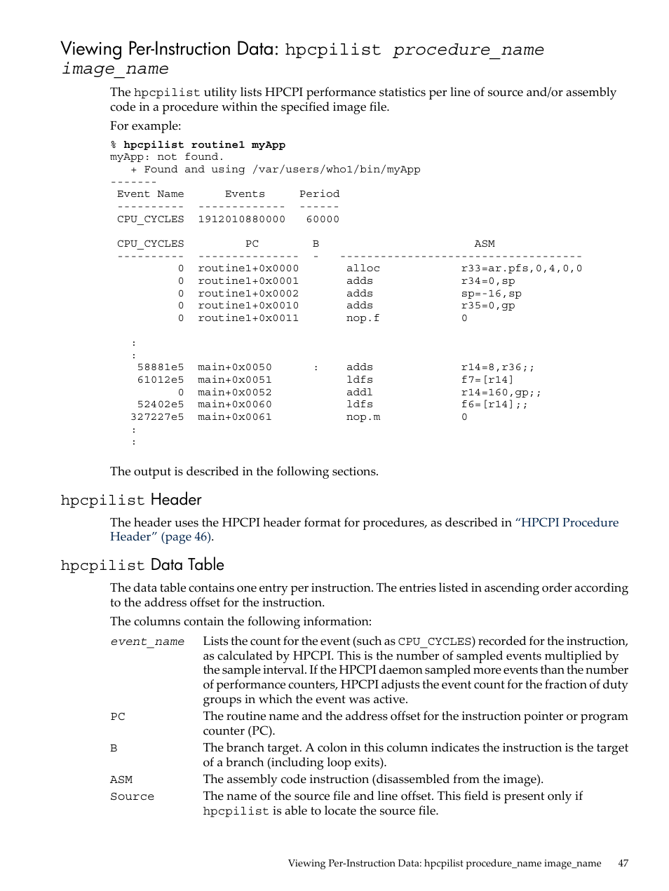 Hpcpilist header, Hpcpilist data table, Hpcpilist | Header, Data table, Viewing per-instruction data: hpcpilist, Procedure_name image_name | HP XC System 3.x Software User Manual | Page 47 / 131