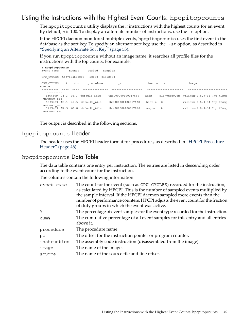 Hpcpitopcounts header, Hpcpitopcounts data table, Hpcpitopcounts | Header, Data table | HP XC System 3.x Software User Manual | Page 49 / 131