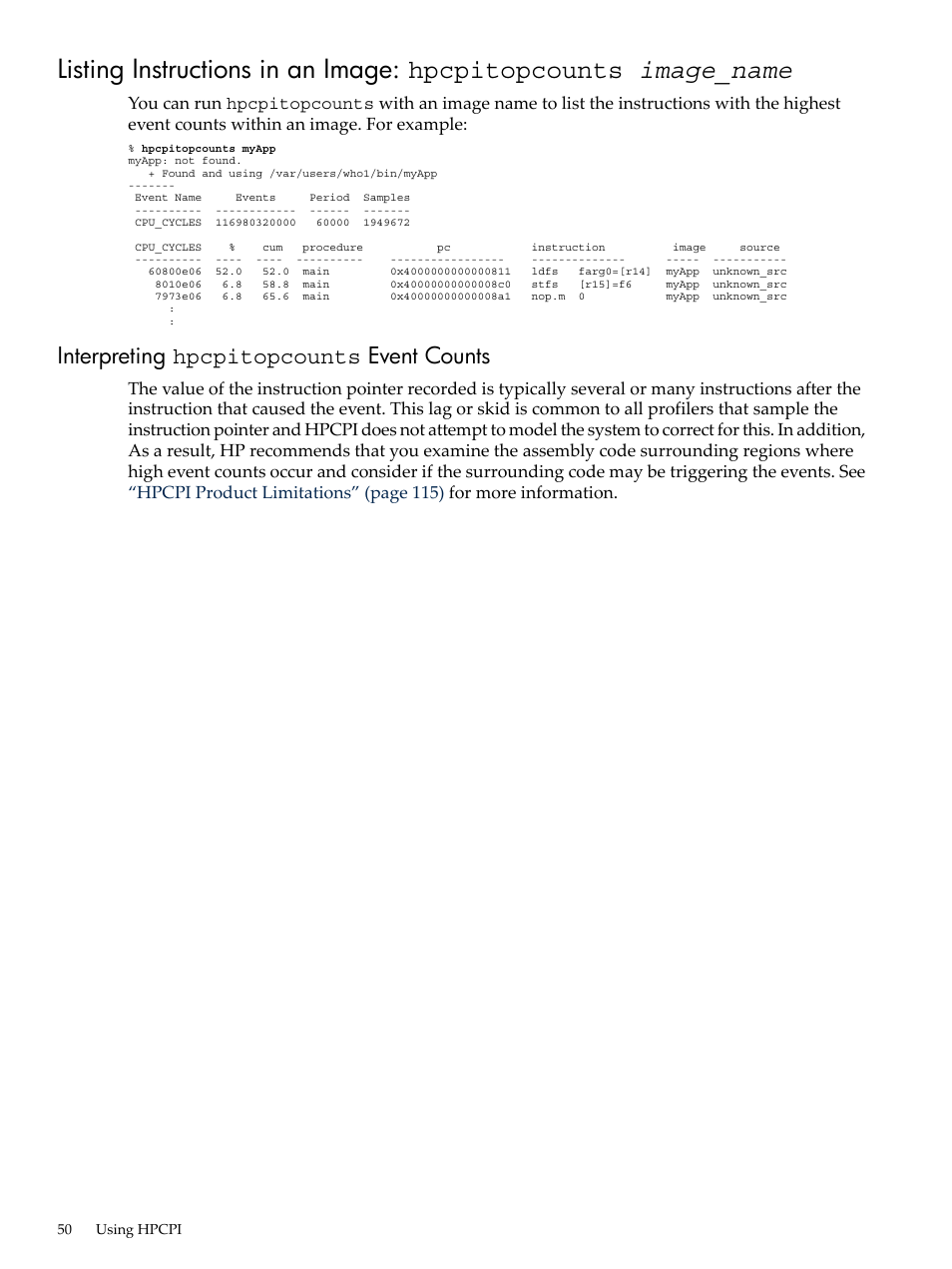 Interpreting hpcpitopcounts event counts | HP XC System 3.x Software User Manual | Page 50 / 131