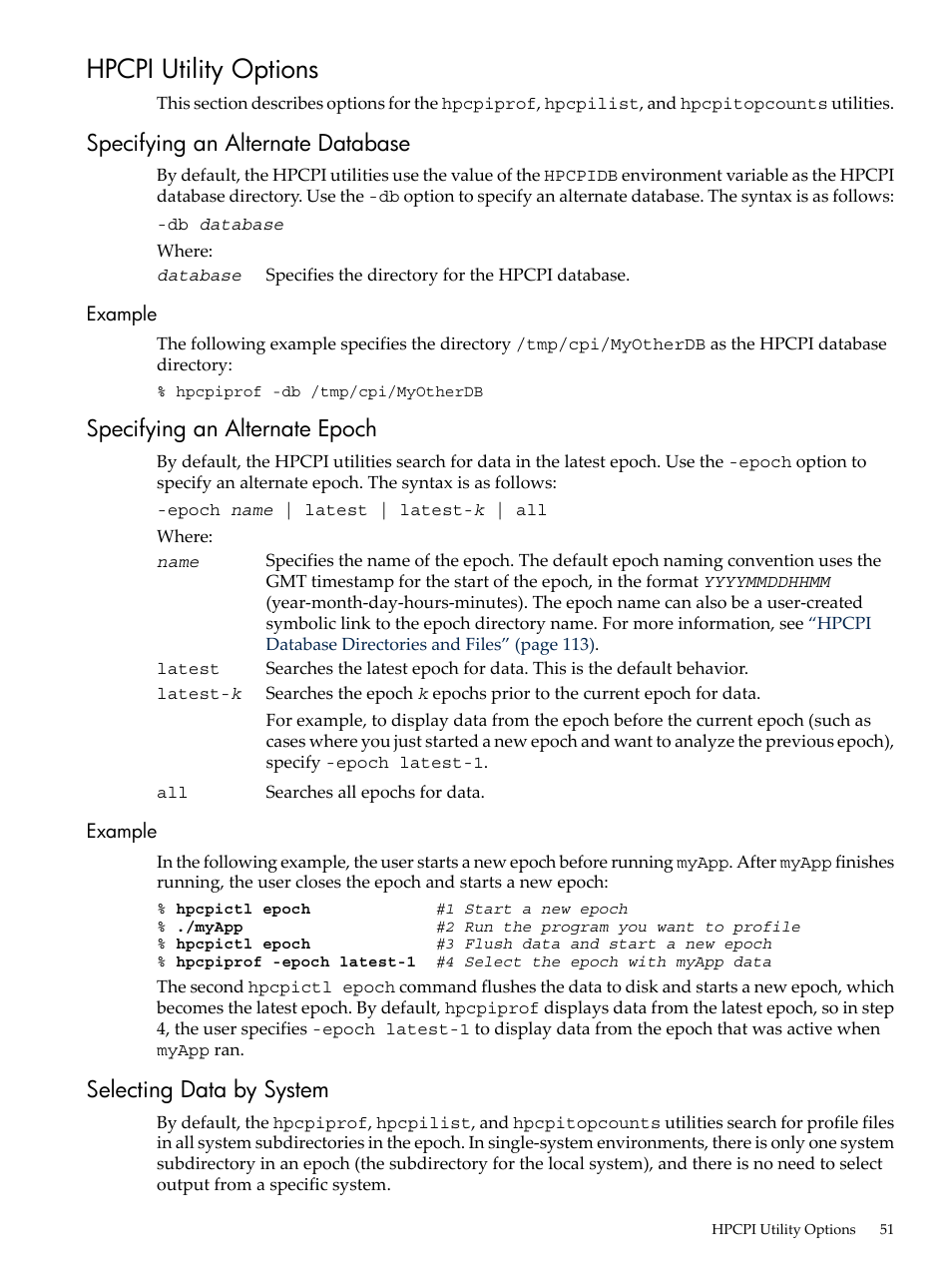 Hpcpi utility options, Specifying an alternate database, Example | Specifying an alternate epoch, Selecting data by system | HP XC System 3.x Software User Manual | Page 51 / 131