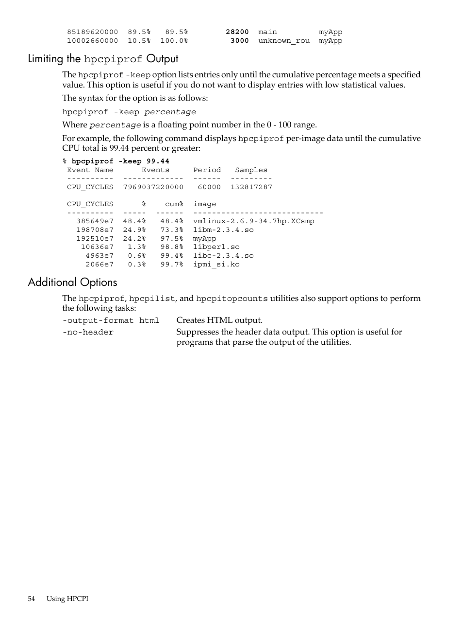 Limiting the hpcpiprof output, Additional options, Limiting the hpcpiprof output additional options | HP XC System 3.x Software User Manual | Page 54 / 131