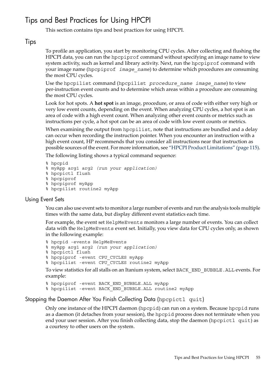 Tips and best practices for using hpcpi, Tips, Using event sets | HP XC System 3.x Software User Manual | Page 55 / 131