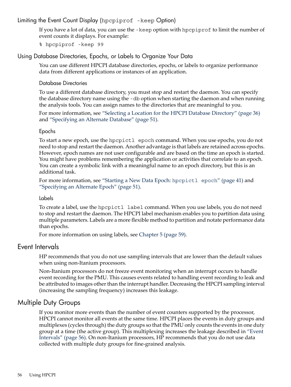 Database directories, Epochs, Labels | Event intervals, Multiple duty groups, Database directories epochs labels, Event intervals multiple duty groups | HP XC System 3.x Software User Manual | Page 56 / 131