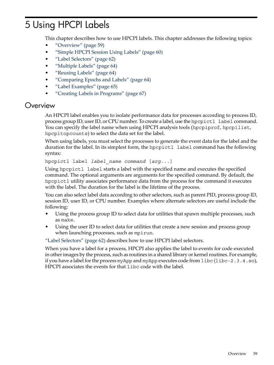 5 using hpcpi labels, Overview, Chapter 5: “using hpcpi labels | HP XC System 3.x Software User Manual | Page 59 / 131