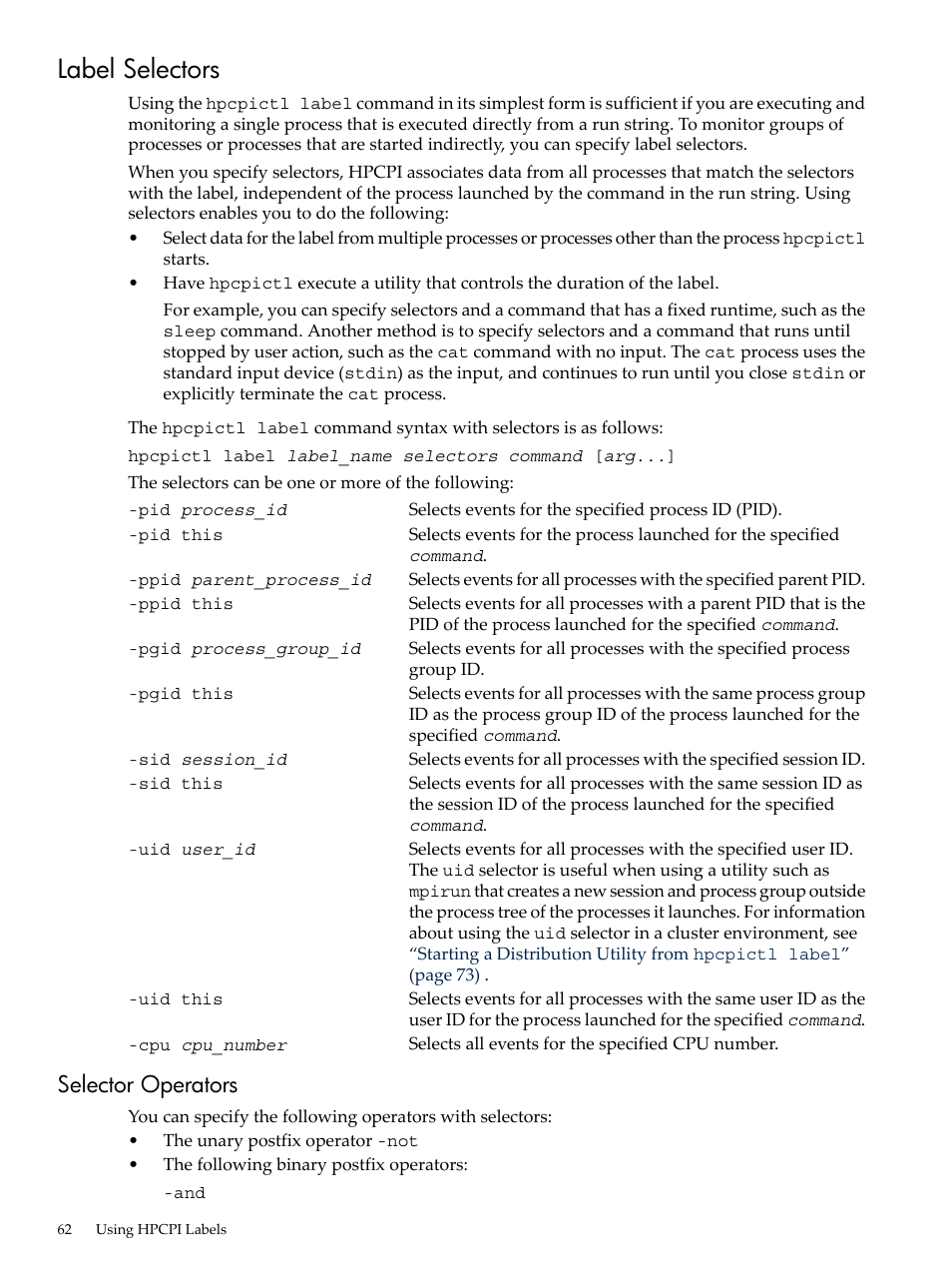 Label selectors, Selector operators | HP XC System 3.x Software User Manual | Page 62 / 131