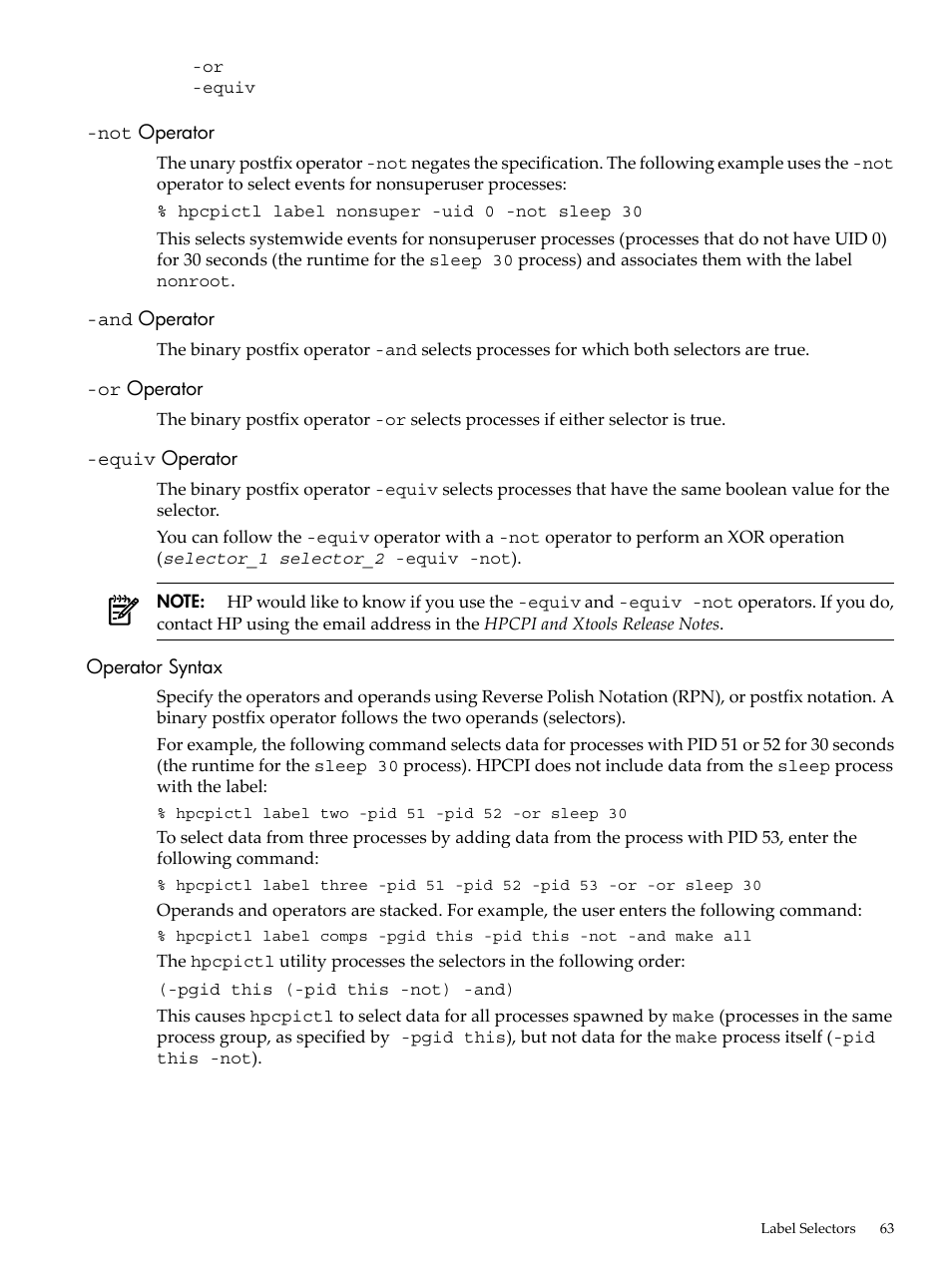 Not operator, And operator, Or operator | Equiv operator, Operator syntax, Operator, Equiv | HP XC System 3.x Software User Manual | Page 63 / 131