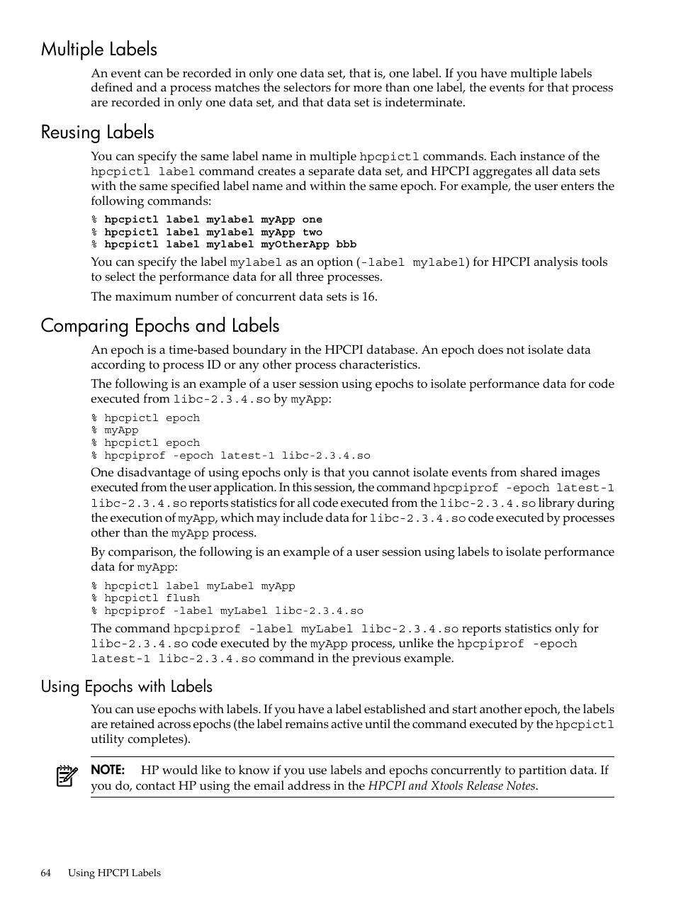 Multiple labels, Reusing labels, Comparing epochs and labels | Using epochs with labels | HP XC System 3.x Software User Manual | Page 64 / 131