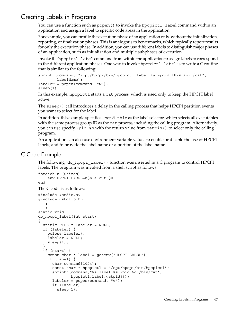 Creating labels in programs, C code example | HP XC System 3.x Software User Manual | Page 67 / 131