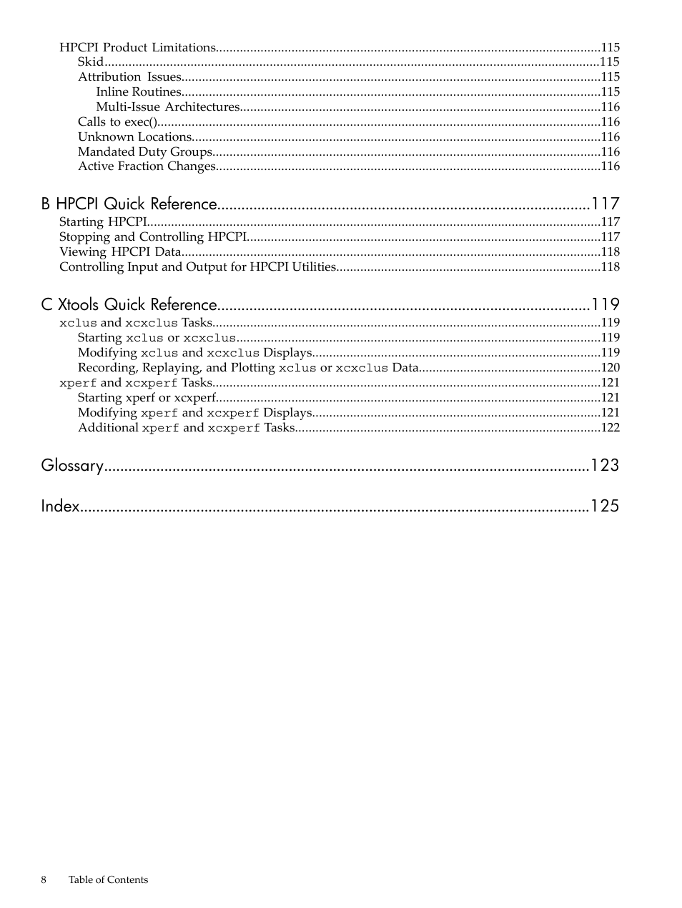 B hpcpi quick reference, C xtools quick reference, Glossary index | HP XC System 3.x Software User Manual | Page 8 / 131