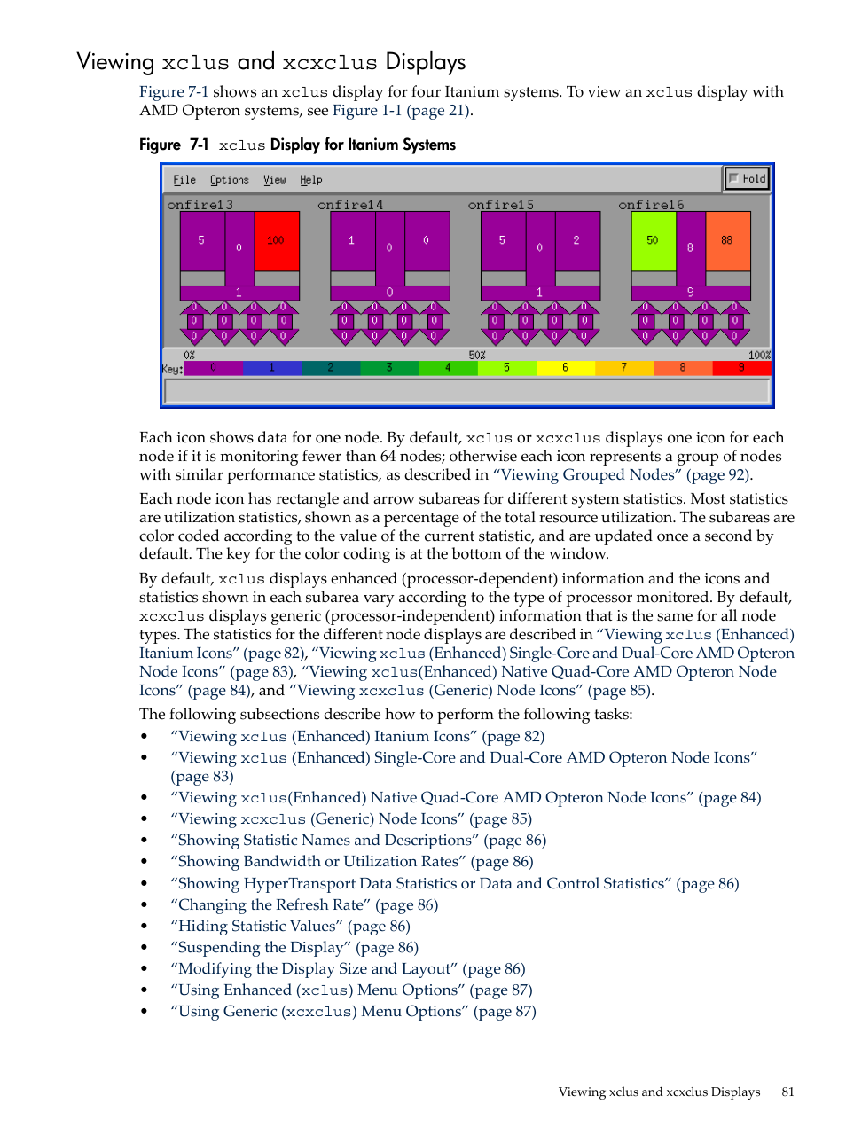 Viewing xclus and xcxclus displays, Xclus, Display for itanium systems | HP XC System 3.x Software User Manual | Page 81 / 131