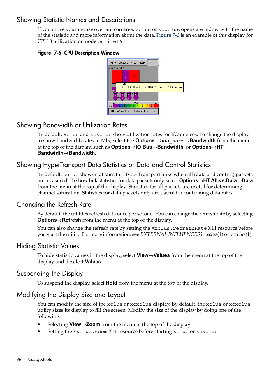 Showing statistic names and descriptions, Showing bandwidth or utilization rates, Changing the refresh rate | Hiding statistic values, Suspending the display, Modifying the display size and layout, Cpu description window | HP XC System 3.x Software User Manual | Page 86 / 131