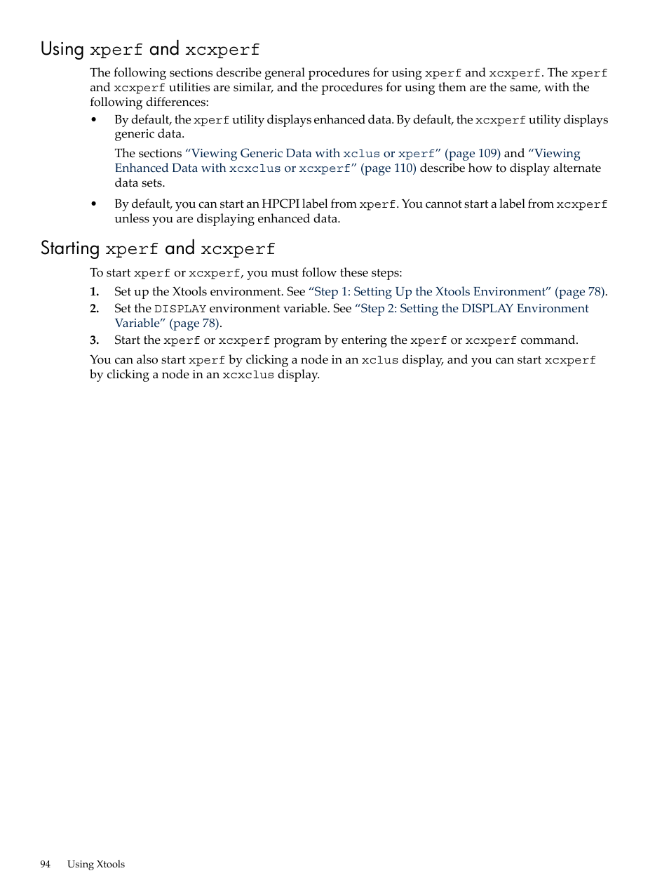 Using xperf and xcxperf, Starting xperf and xcxperf, Using xperf and xcxperf starting xperf and xcxperf | HP XC System 3.x Software User Manual | Page 94 / 131