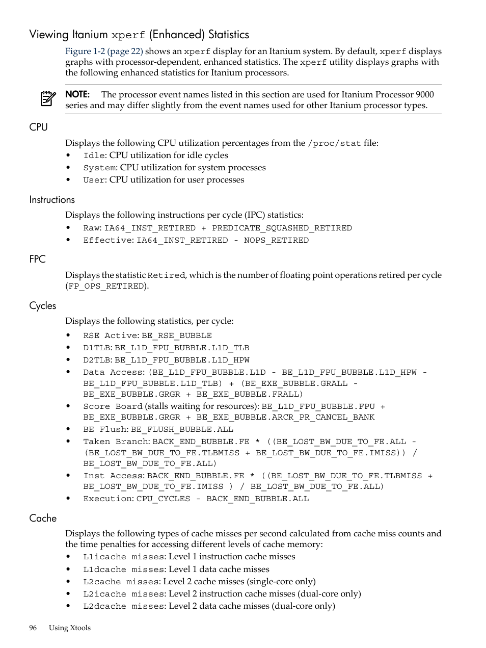 Viewing itanium xperf (enhanced) statistics, Instructions, Cycles | Cache, Cpu instructions fpc cycles cache, Viewing itanium xperf (enhanced) | HP XC System 3.x Software User Manual | Page 96 / 131