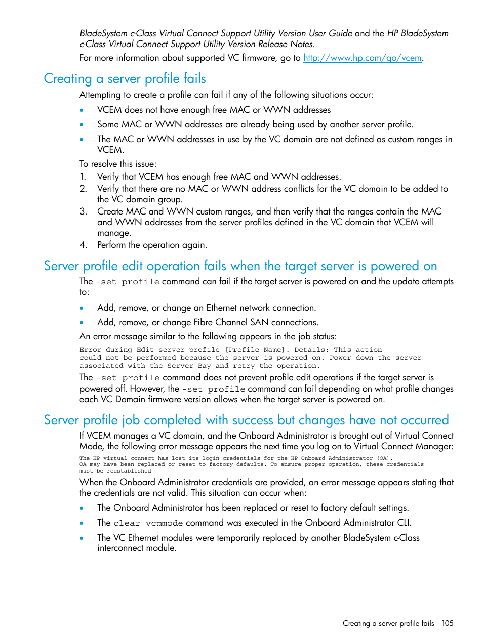 Creating a server profile fails | HP Virtual Connect Enterprise Manager Software User Manual | Page 105 / 113