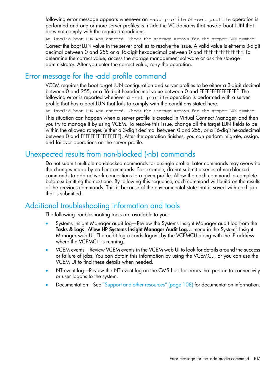 Error message for the -add profile command, Unexpected results from non-blocked (-nb) commands, Additional troubleshooting information and tools | HP Virtual Connect Enterprise Manager Software User Manual | Page 107 / 113