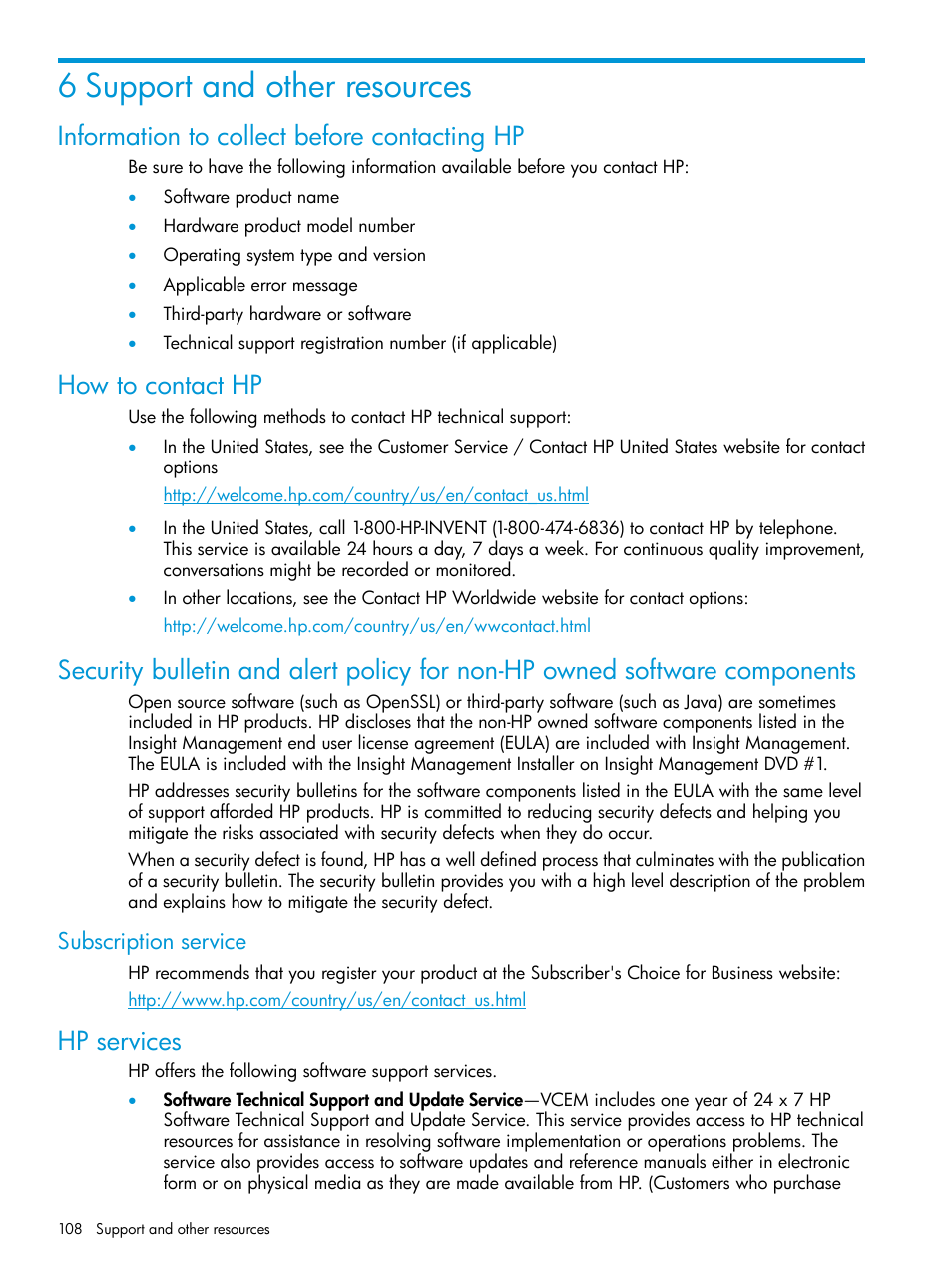 6 support and other resources, Information to collect before contacting hp, How to contact hp | Subscription service, Hp services | HP Virtual Connect Enterprise Manager Software User Manual | Page 108 / 113