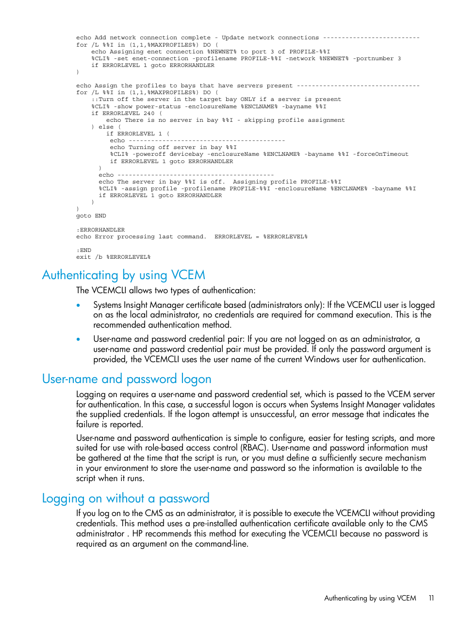 Authenticating by using vcem, User-name and password logon, Logging on without a password | HP Virtual Connect Enterprise Manager Software User Manual | Page 11 / 113