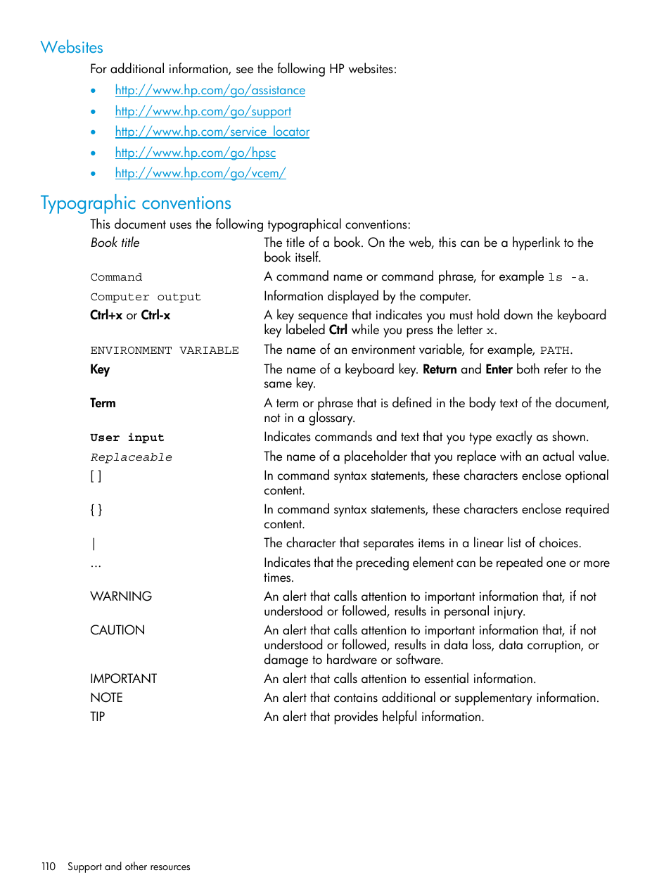 Websites, Typographic conventions | HP Virtual Connect Enterprise Manager Software User Manual | Page 110 / 113