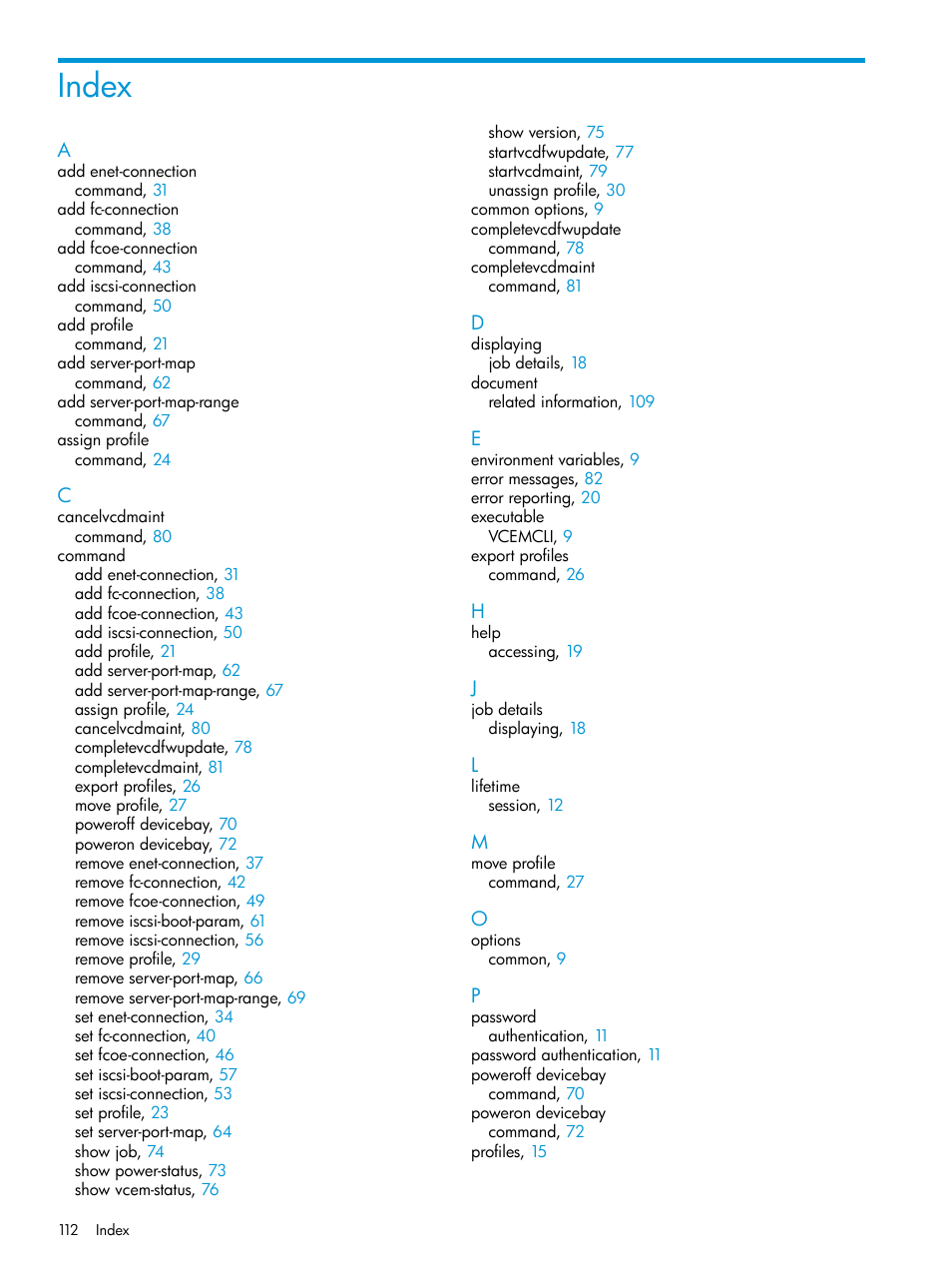 Index | HP Virtual Connect Enterprise Manager Software User Manual | Page 112 / 113