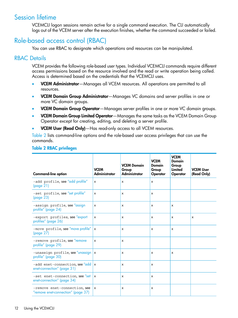 Session lifetime, Role-based access control (rbac), Rbac details | Session lifetime role-based access control (rbac) | HP Virtual Connect Enterprise Manager Software User Manual | Page 12 / 113