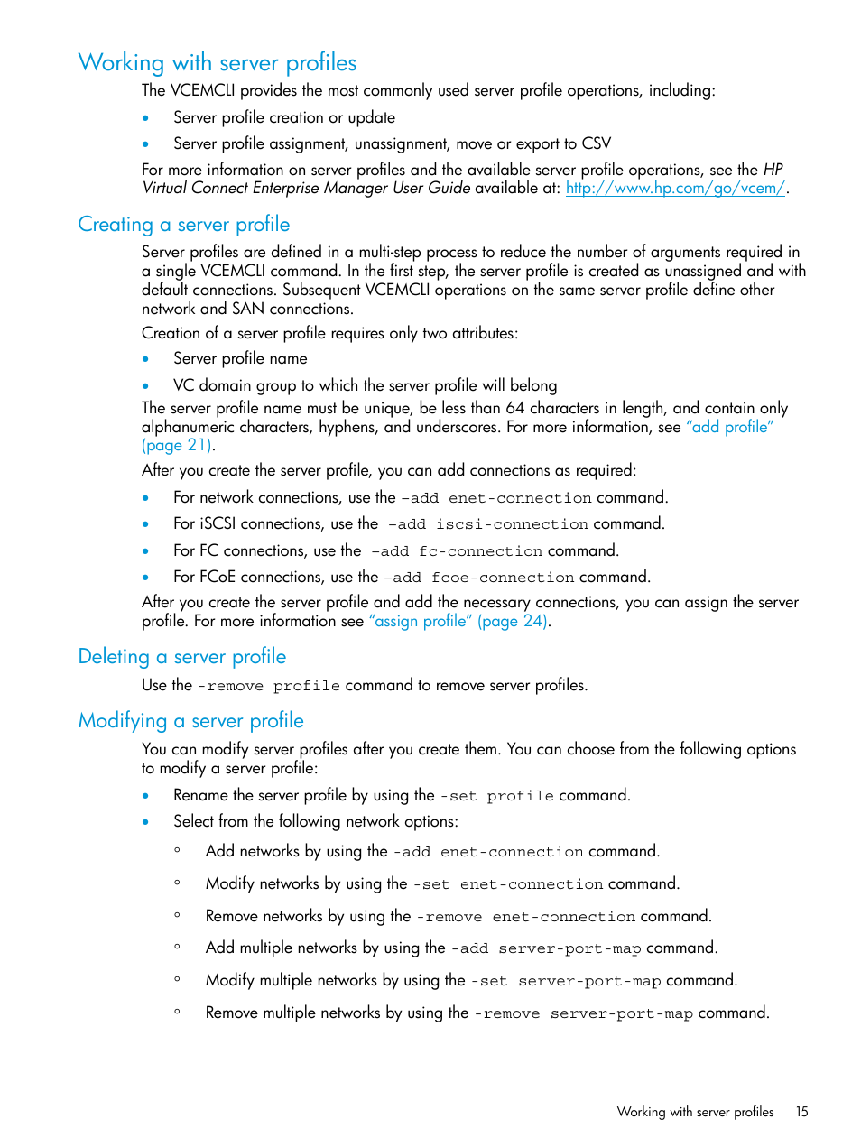 Working with server profiles, Creating a server profile, Deleting a server profile | Modifying a server profile | HP Virtual Connect Enterprise Manager Software User Manual | Page 15 / 113