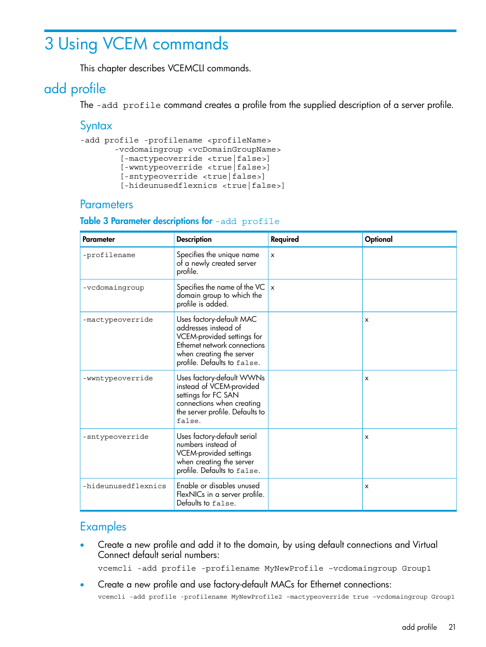 3 using vcem commands, Add profile, Syntax | Parameters, Examples | HP Virtual Connect Enterprise Manager Software User Manual | Page 21 / 113