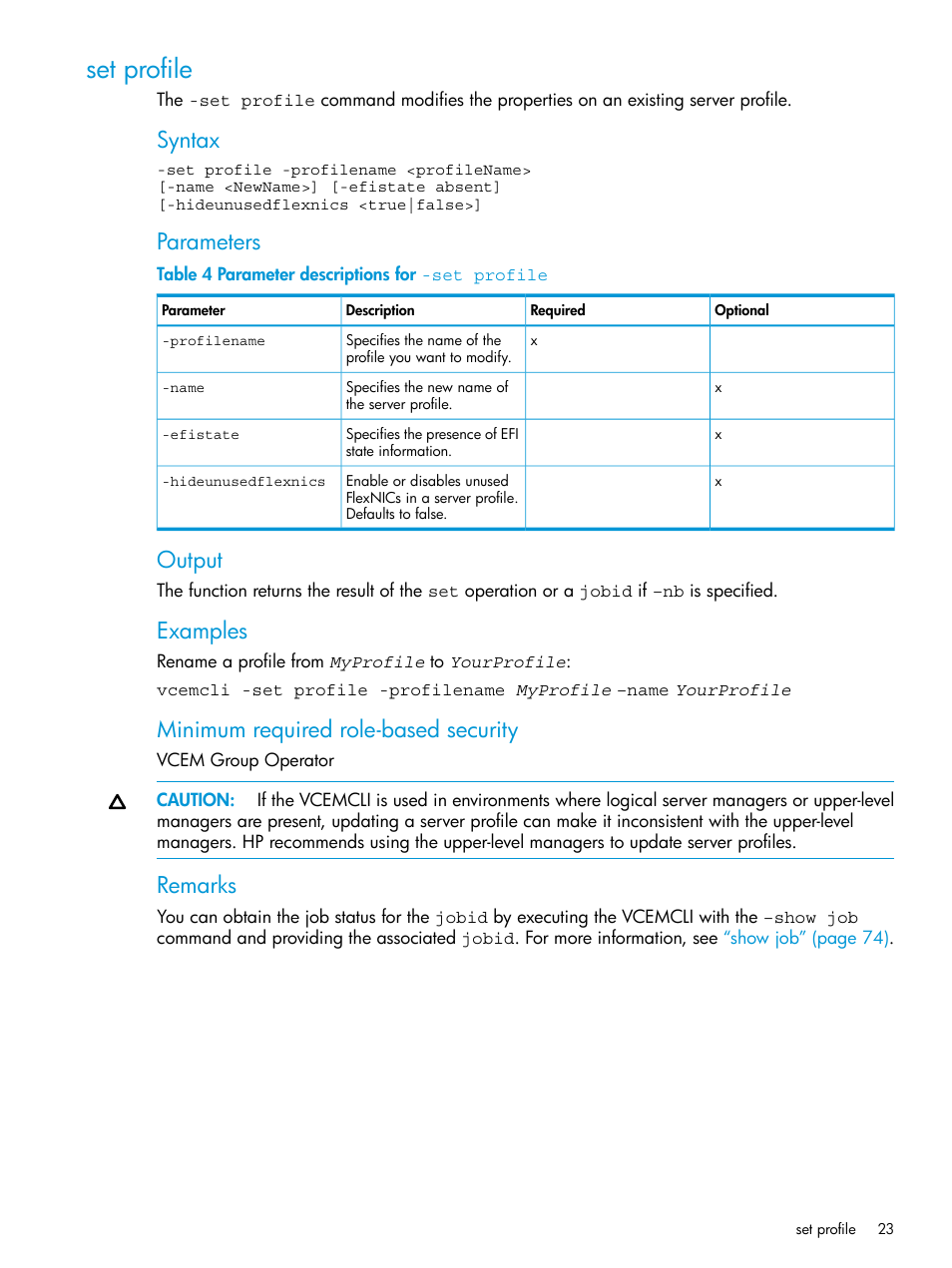 Set profile, Syntax, Parameters | Output, Examples, Minimum required role-based security, Remarks | HP Virtual Connect Enterprise Manager Software User Manual | Page 23 / 113