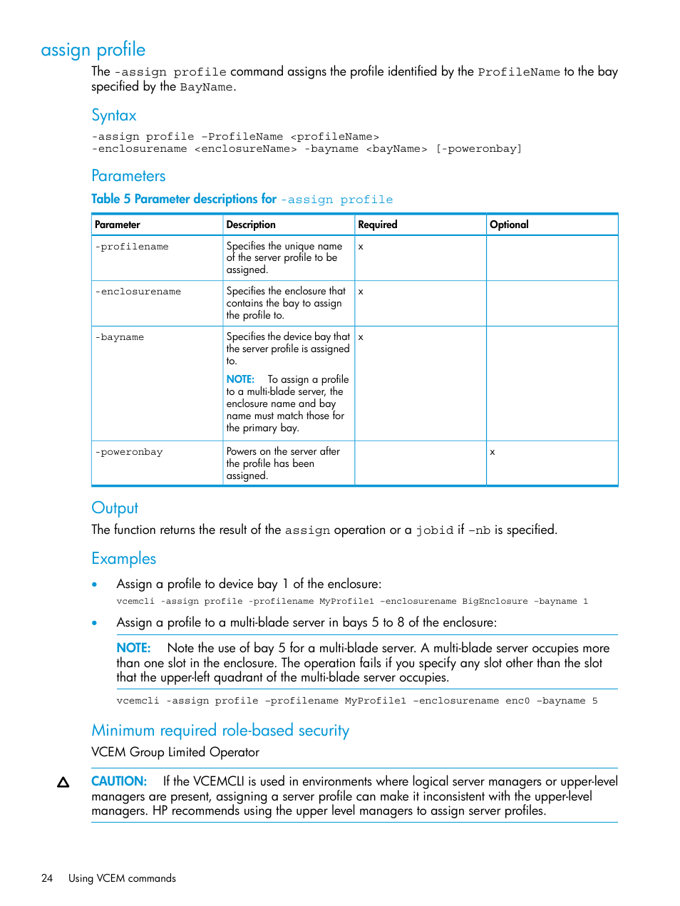 Assign profile, Assign, Syntax | Parameters, Output, Examples, Minimum required role-based security | HP Virtual Connect Enterprise Manager Software User Manual | Page 24 / 113