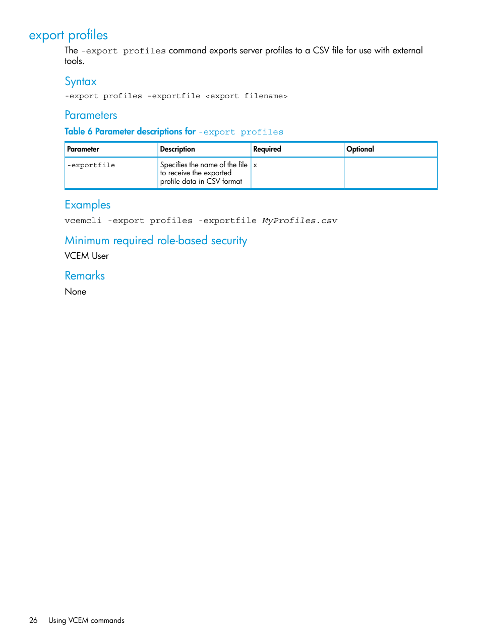 Export profiles, Export, Syntax | Parameters, Examples, Minimum required role-based security, Remarks | HP Virtual Connect Enterprise Manager Software User Manual | Page 26 / 113