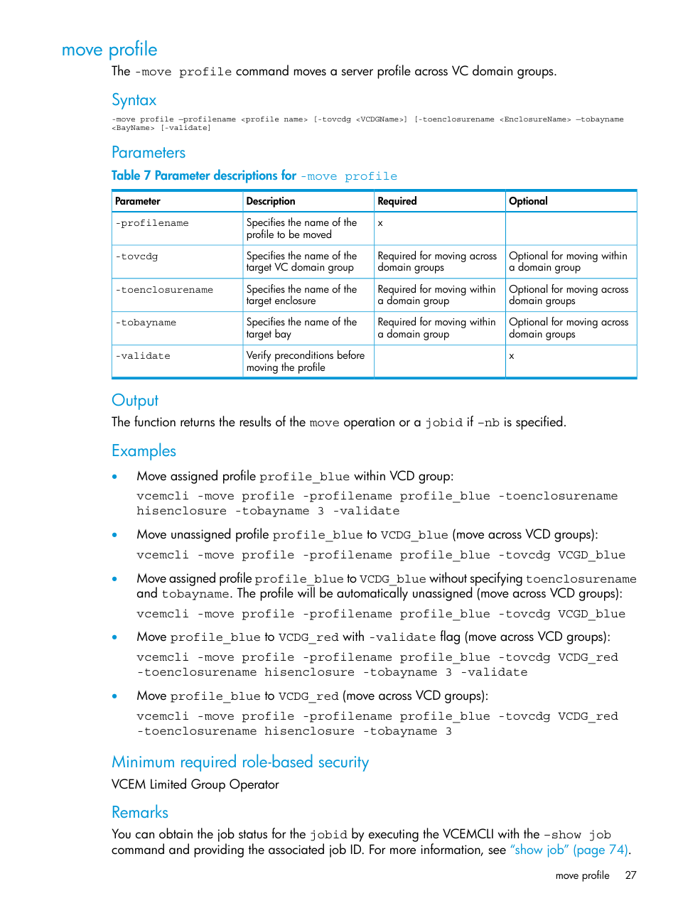 Move profile, Syntax, Parameters | Output, Examples, Minimum required role-based security, Remarks | HP Virtual Connect Enterprise Manager Software User Manual | Page 27 / 113