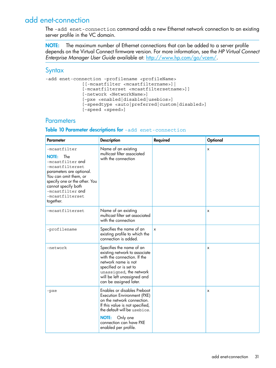 Add enet-connection, Syntax, Parameters | HP Virtual Connect Enterprise Manager Software User Manual | Page 31 / 113