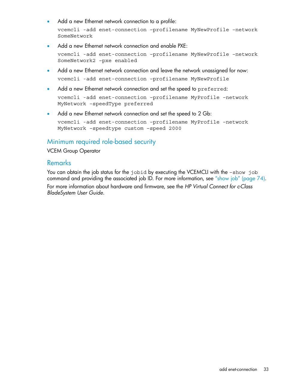 Minimum required role-based security, Remarks | HP Virtual Connect Enterprise Manager Software User Manual | Page 33 / 113