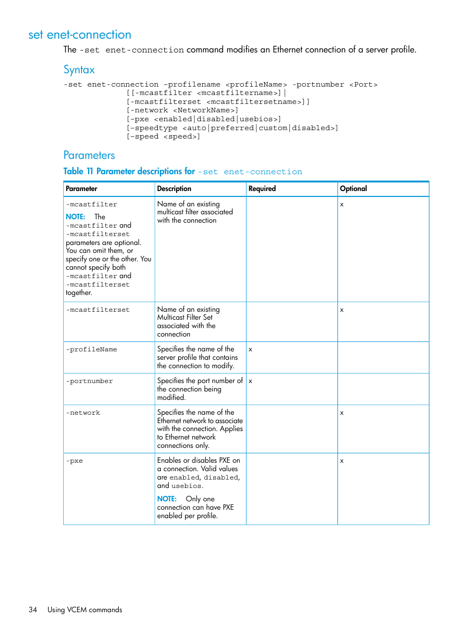 Set enet-connection, Syntax, Parameters | HP Virtual Connect Enterprise Manager Software User Manual | Page 34 / 113