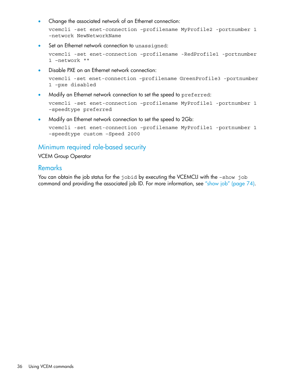 Minimum required role-based security, Remarks | HP Virtual Connect Enterprise Manager Software User Manual | Page 36 / 113