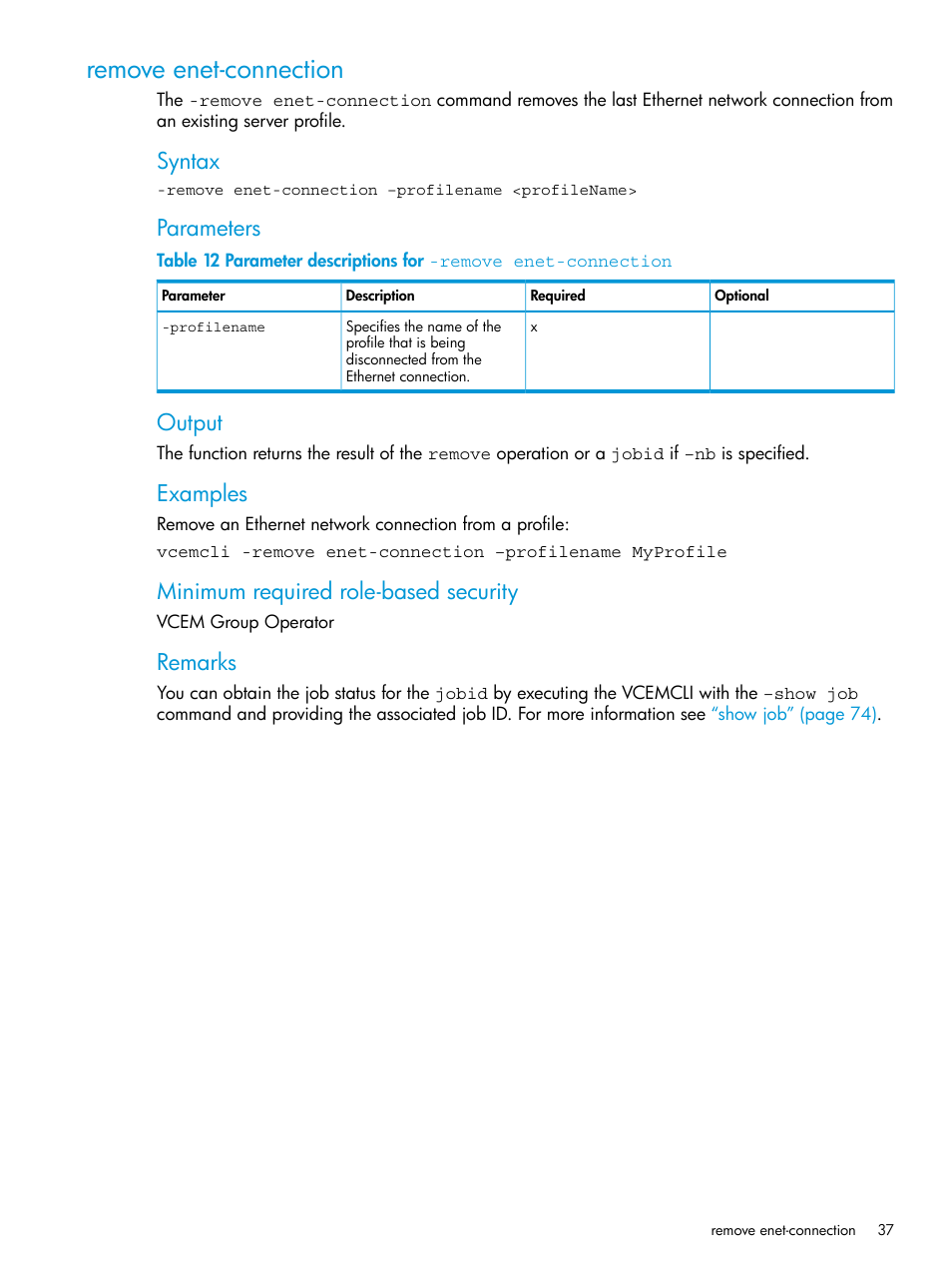 Remove enet-connection, Syntax, Parameters | Output, Examples, Minimum required role-based security, Remarks | HP Virtual Connect Enterprise Manager Software User Manual | Page 37 / 113