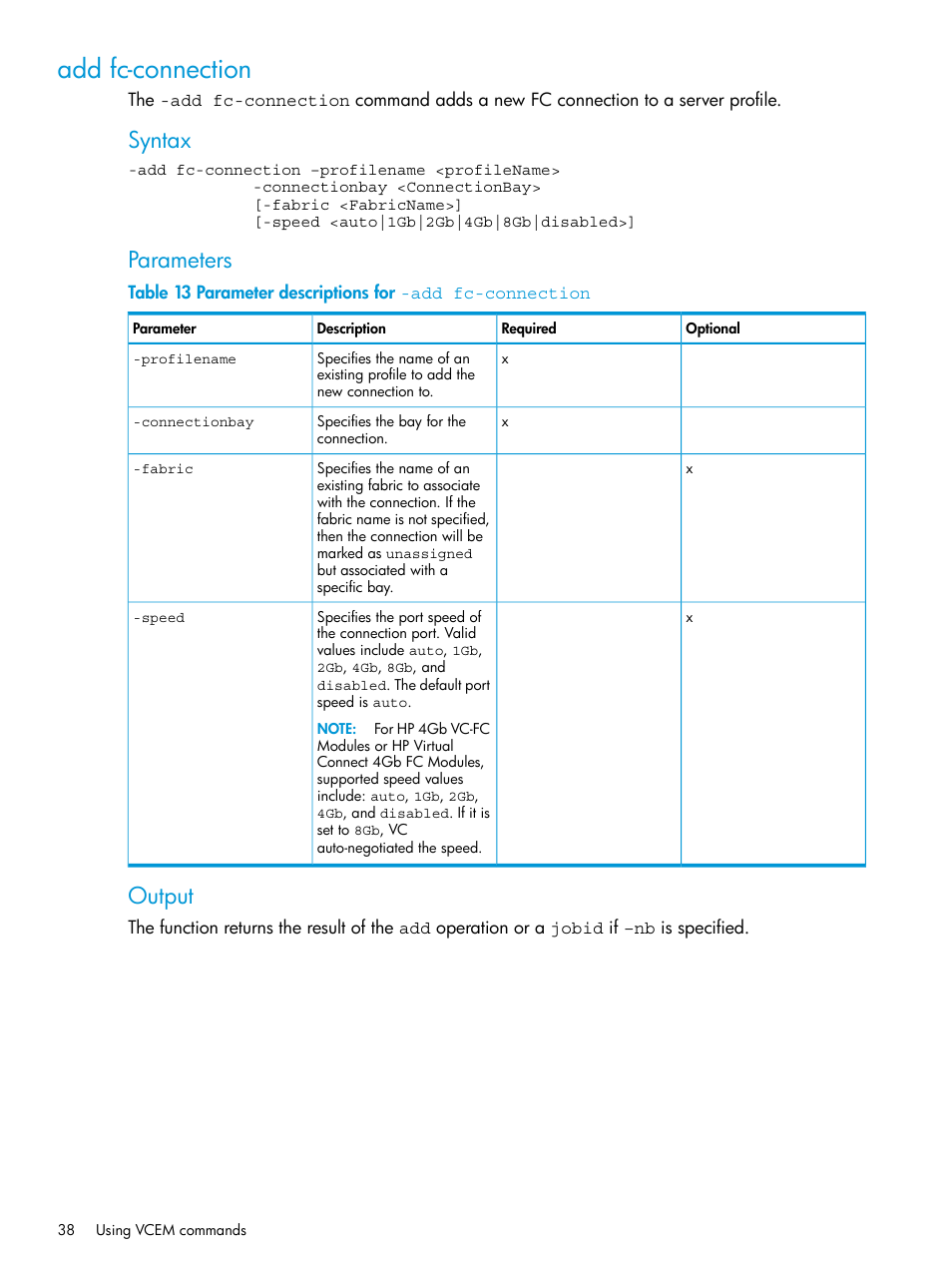 Add fc-connection, Syntax, Parameters | Output | HP Virtual Connect Enterprise Manager Software User Manual | Page 38 / 113