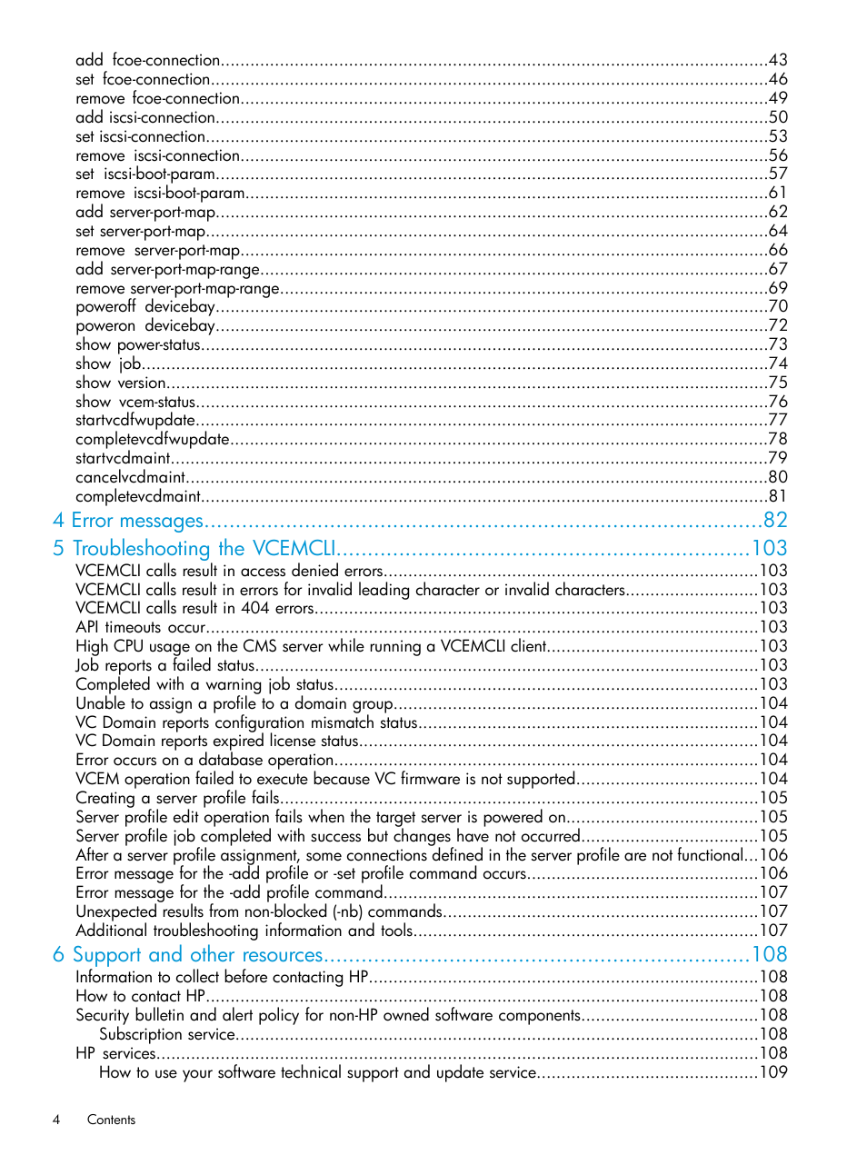 4 error messages 5 troubleshooting the vcemcli, 6 support and other resources | HP Virtual Connect Enterprise Manager Software User Manual | Page 4 / 113