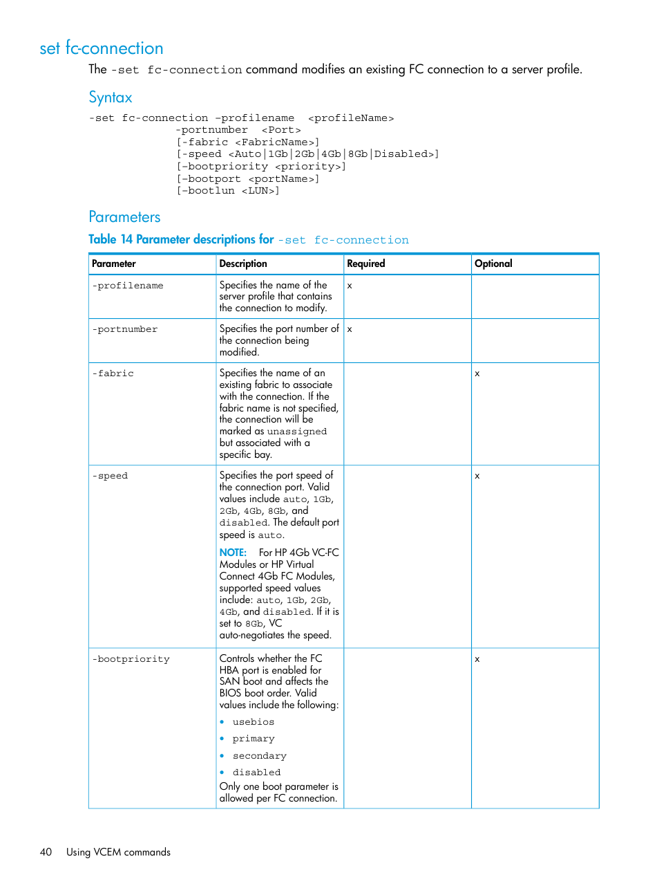 Set fc-connection, Syntax, Parameters | HP Virtual Connect Enterprise Manager Software User Manual | Page 40 / 113