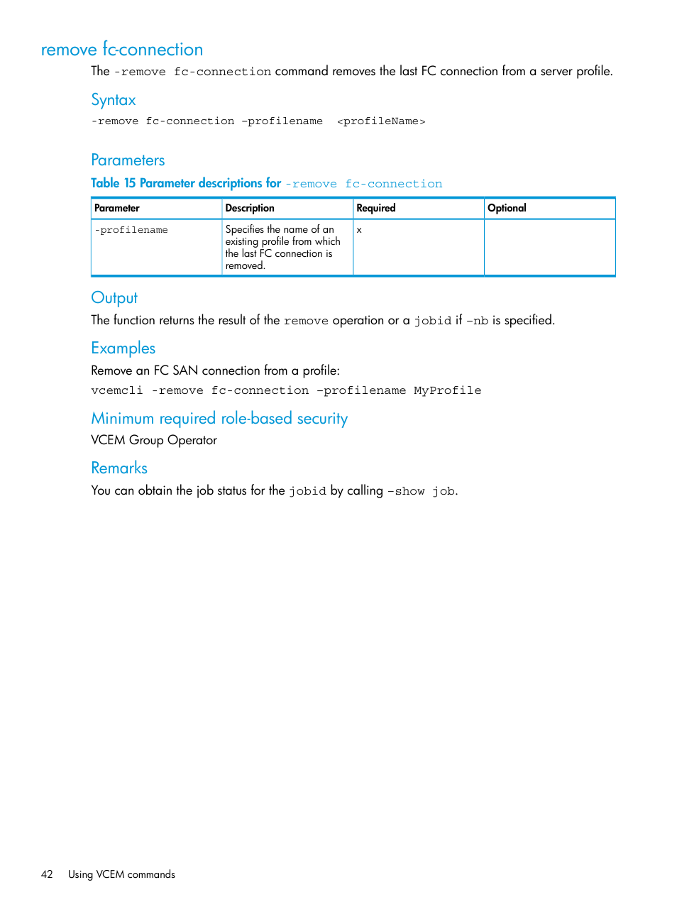 Remove fc-connection, Syntax, Parameters | Output, Examples, Minimum required role-based security, Remarks | HP Virtual Connect Enterprise Manager Software User Manual | Page 42 / 113