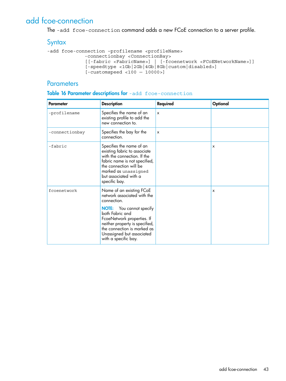 Add fcoe-connection, Syntax, Parameters | HP Virtual Connect Enterprise Manager Software User Manual | Page 43 / 113