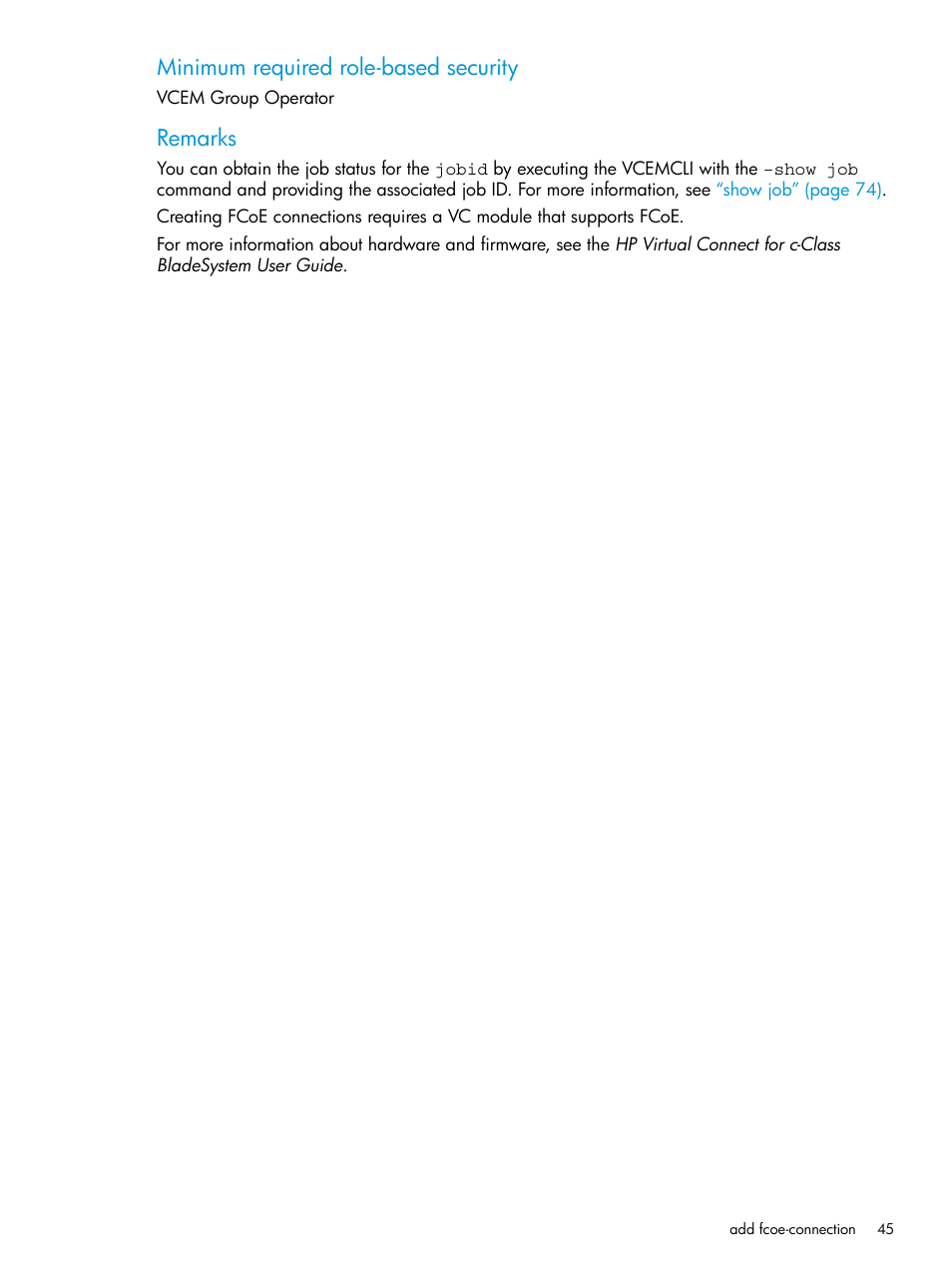 Minimum required role-based security, Remarks | HP Virtual Connect Enterprise Manager Software User Manual | Page 45 / 113