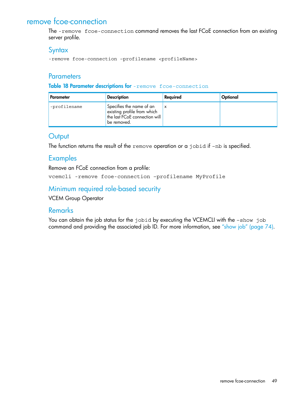 Remove fcoe-connection, Syntax, Parameters | Output, Examples, Minimum required role-based security, Remarks | HP Virtual Connect Enterprise Manager Software User Manual | Page 49 / 113